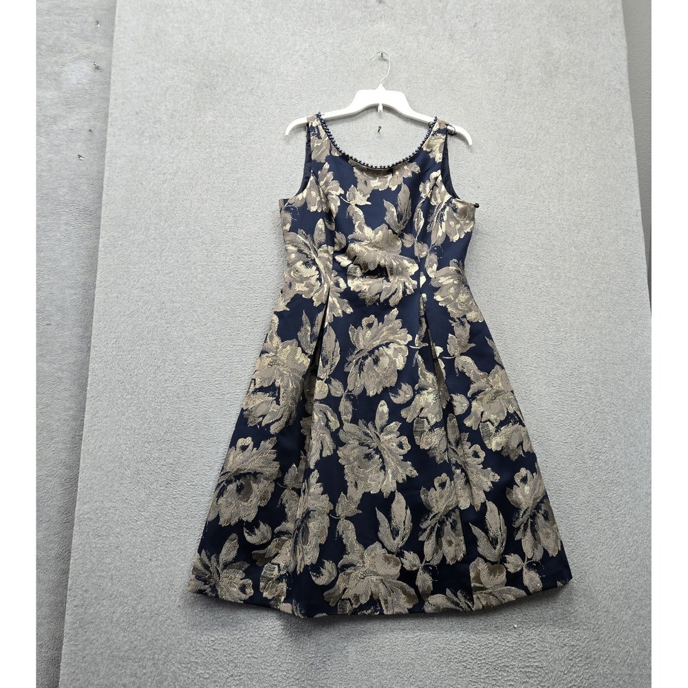Adrianna Papell Women Dress 12 Navy Floral Knee Length Fit & Flare Metallic NWT